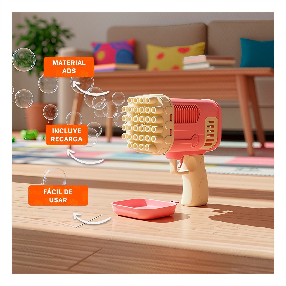 EMISOR MANUAL DE BURBUJAS COHETE ROSADO PARA DIVERSION RECREATIVA EN PATIO Y+POST IT - 2