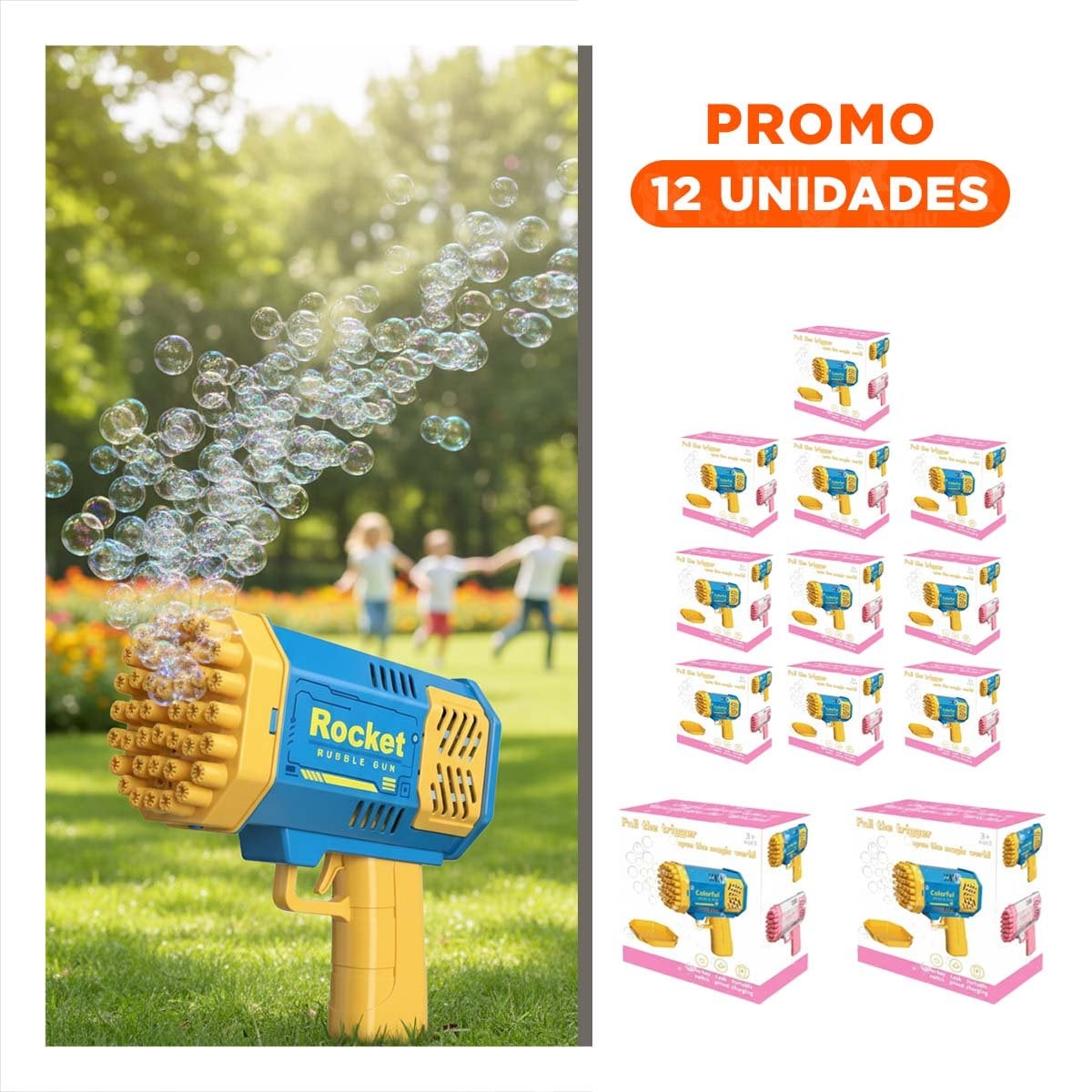 PACK12 JUGUETE DE BURBUJAS PARA JUEGOS INFANTILES COHETE AZUL Y AMARILLO Y+REGALO STICKER - 1