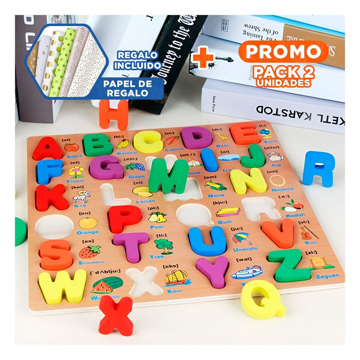 PACK2 ESTRUCTURA DIDACTICA DE ABECEDARIO EN MADERA CON LETRAS MAYUSCULAS Y+PAPEL REGALO - 1