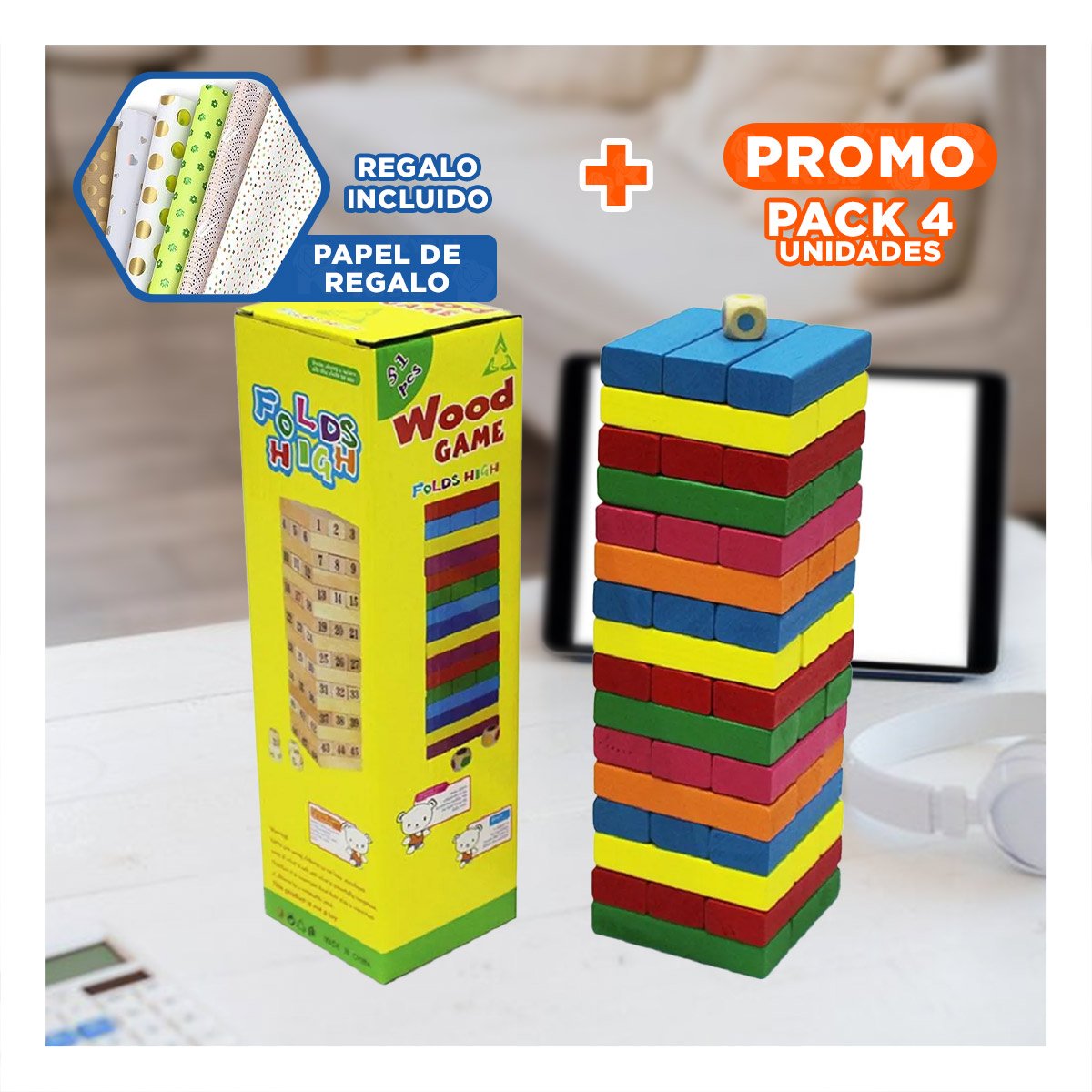 PACK4 CASERO DE MADERA MULTICOLOR PARA JUEGO DE MESA TRADICIONAL Y+PAPEL REGALO - 1