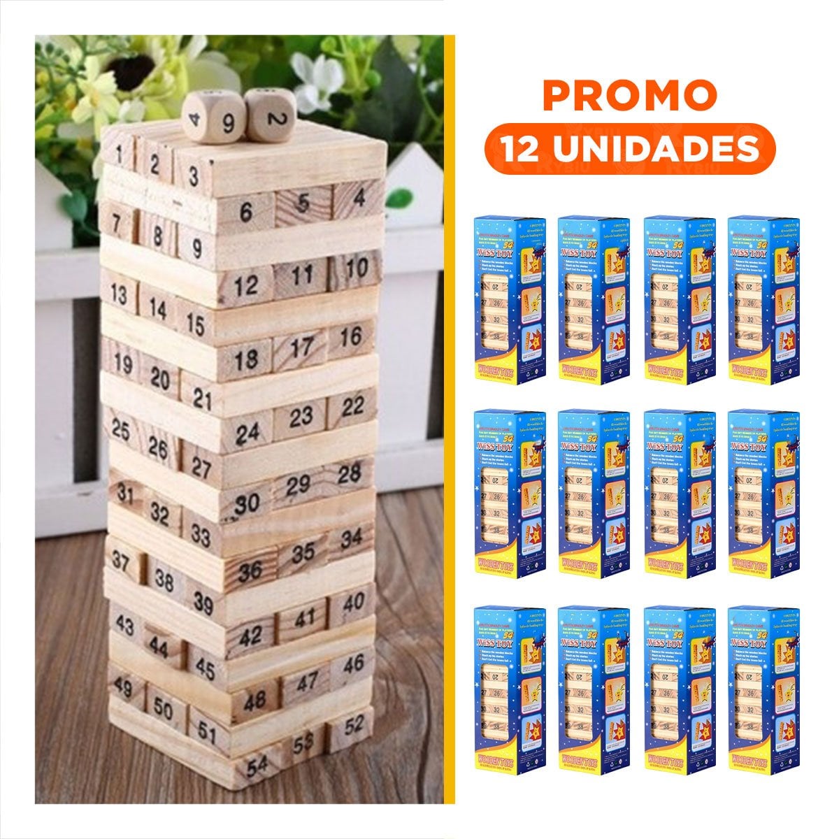 PACK12 RETO TRADICIONAL DE PIEZAS DE MADERA CON NUMEROS PARA JUEGOS DE MESA Y+REGALO STICKER - 1