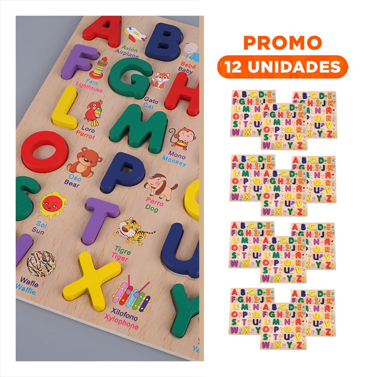 PACK12 SOPORTE EDUCATIVO DE ABECEDARIO EN MADERA CON LETRAS MAYUSCULAS Y+REGALO STICKER - 1
