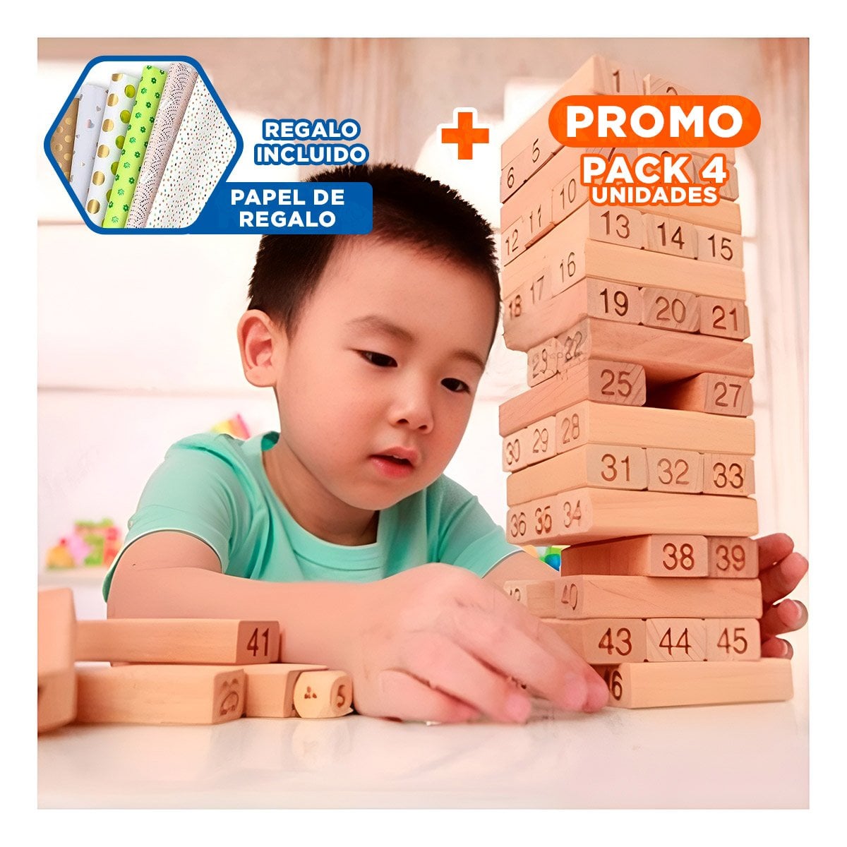 PACK4 SET DE BLOQUES DE MADERA PARA JUEGOS DE HABILIDAD Y+PAPEL REGALO - 1