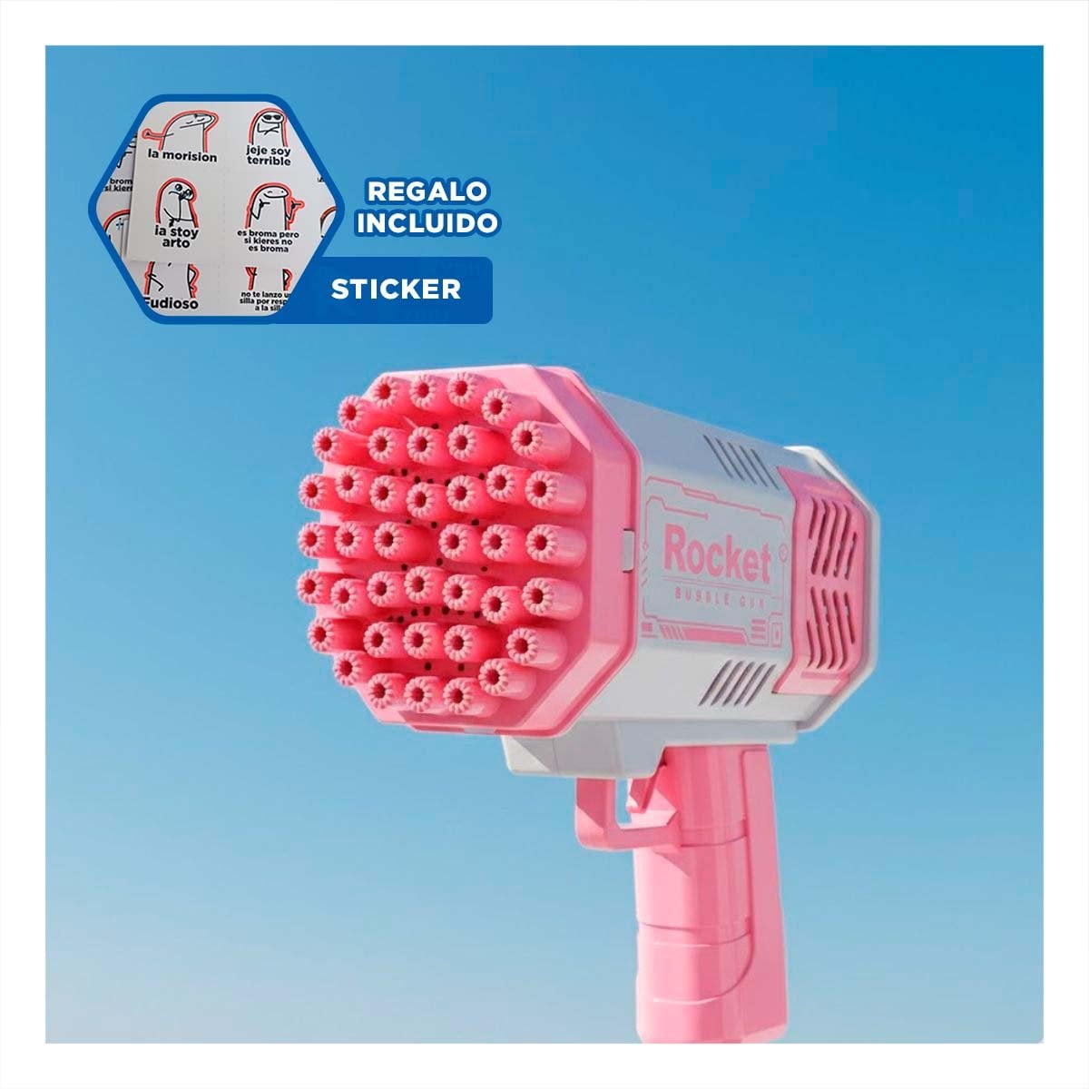 DISPARADOR PORTATIL DE BURBUJAS COHETE ROSADO Y BLANCO USO EXTERIOR Y+REGALO STICKER - 1