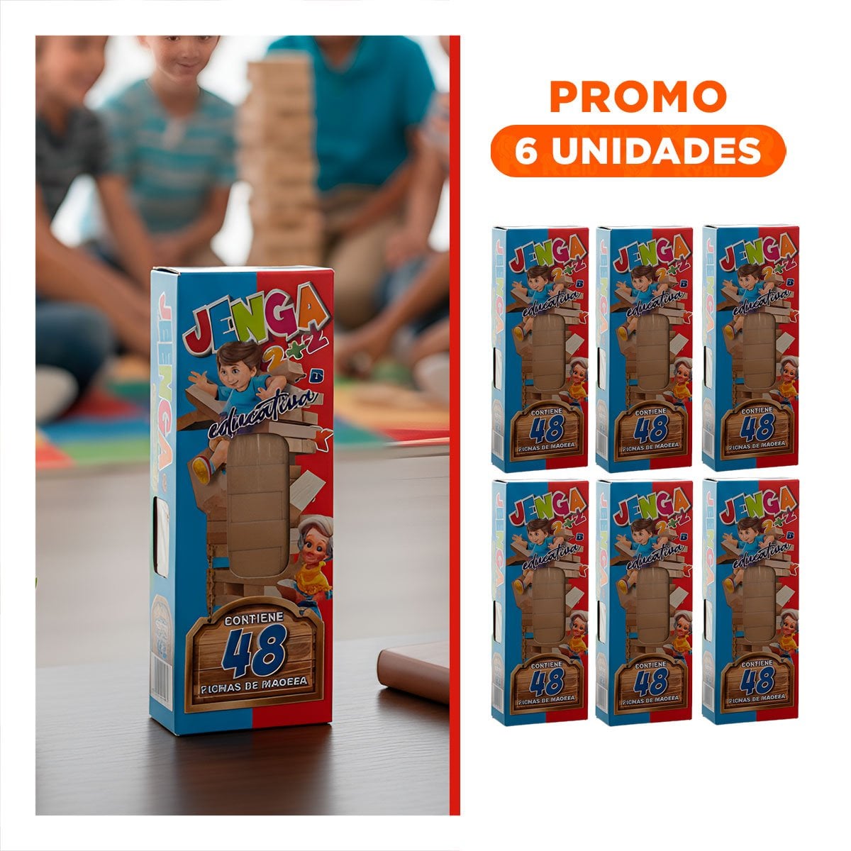 PACK6 JENGA EDUCATIVO 48 PIEZAS MADERA PARA NIÑOS EDUCATIVO Y ALEGRE - 1