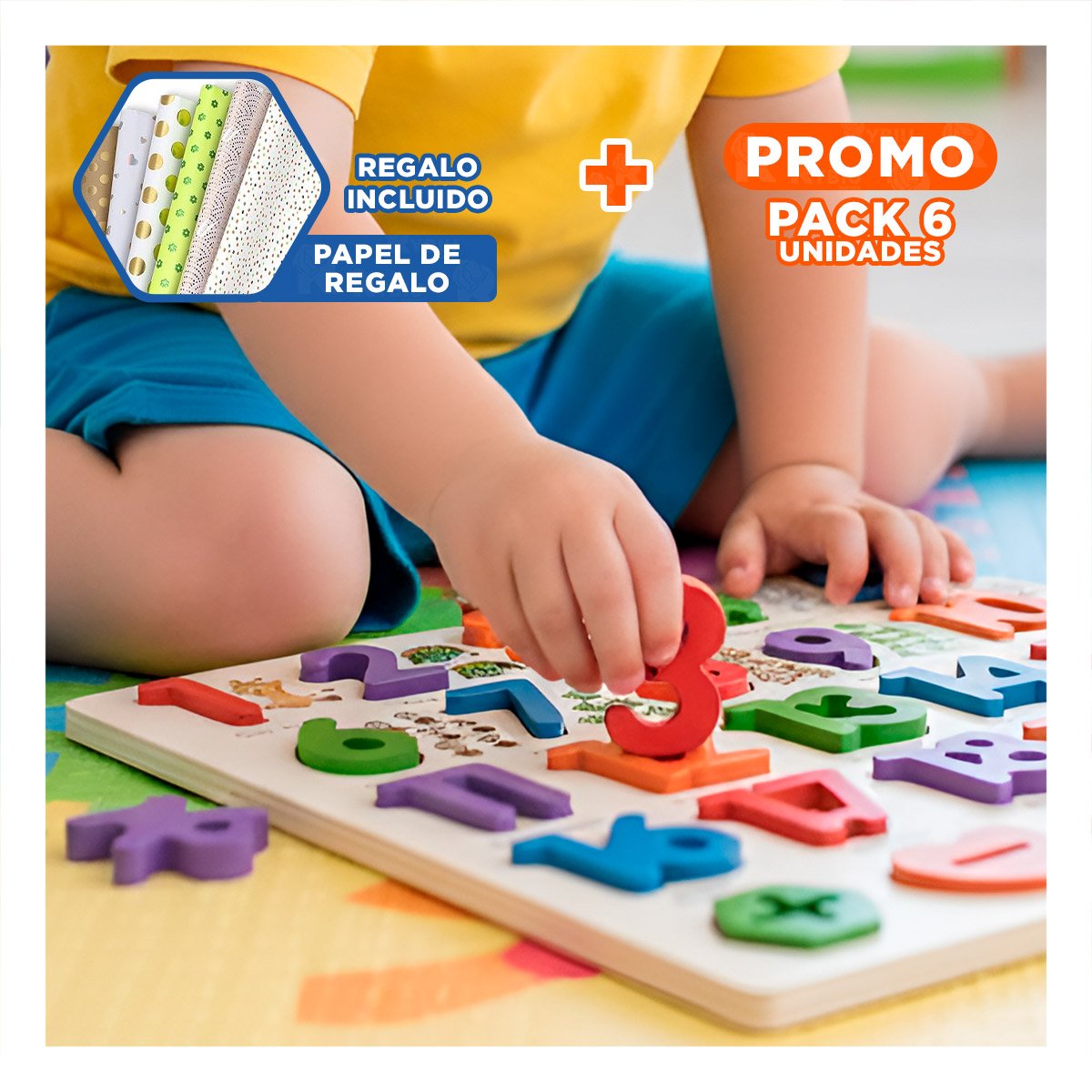 PACK6 APOYO DIDACTICO DE MADERA CON PIEZAS ENCASJABLES PARA APRENDER FORMAS Y+PAPEL REGALO - 1
