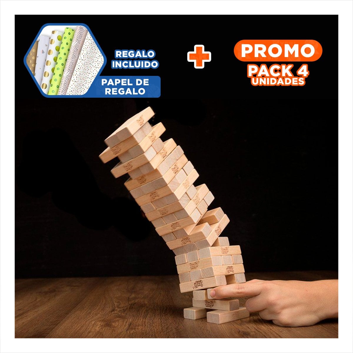 PACK4 JENGA DESAFIO O CASTIGO 48 PIEZAS MADERA JUEGO DE DESAFIO Y EMOCION Y+PAPEL REGALO - 1