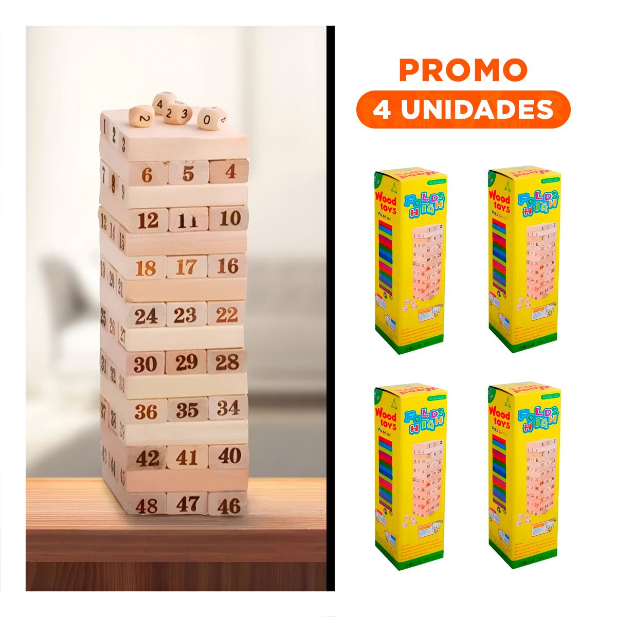PACK4 BLOQUES DE ENTRETENIMIENTO DE MADERA 48 PZAS EN CAJA AMARILLA Y+REGALO STICKER - 1