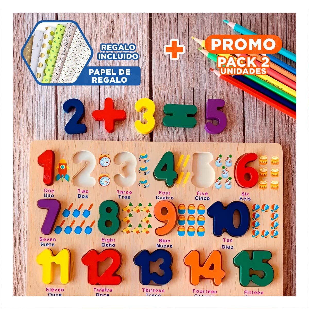 PACK2 ELEMENTO DIDACTICO DE MADERA CON PIEZAS NUMERICAS ENCAJABLES PARA CASA Y+PAPEL REGALO - 1