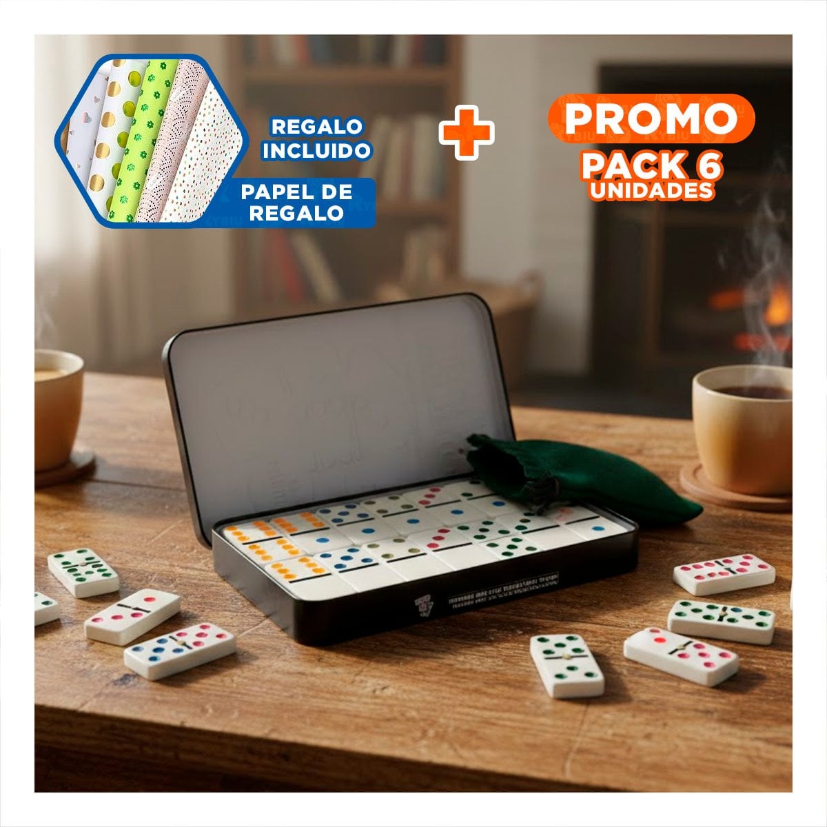 PACK6 AMBIENTE DOMINO NEGRO PARA DIVERSION Y REUNIONES EN CASA Y+PAPEL REGALO - 1