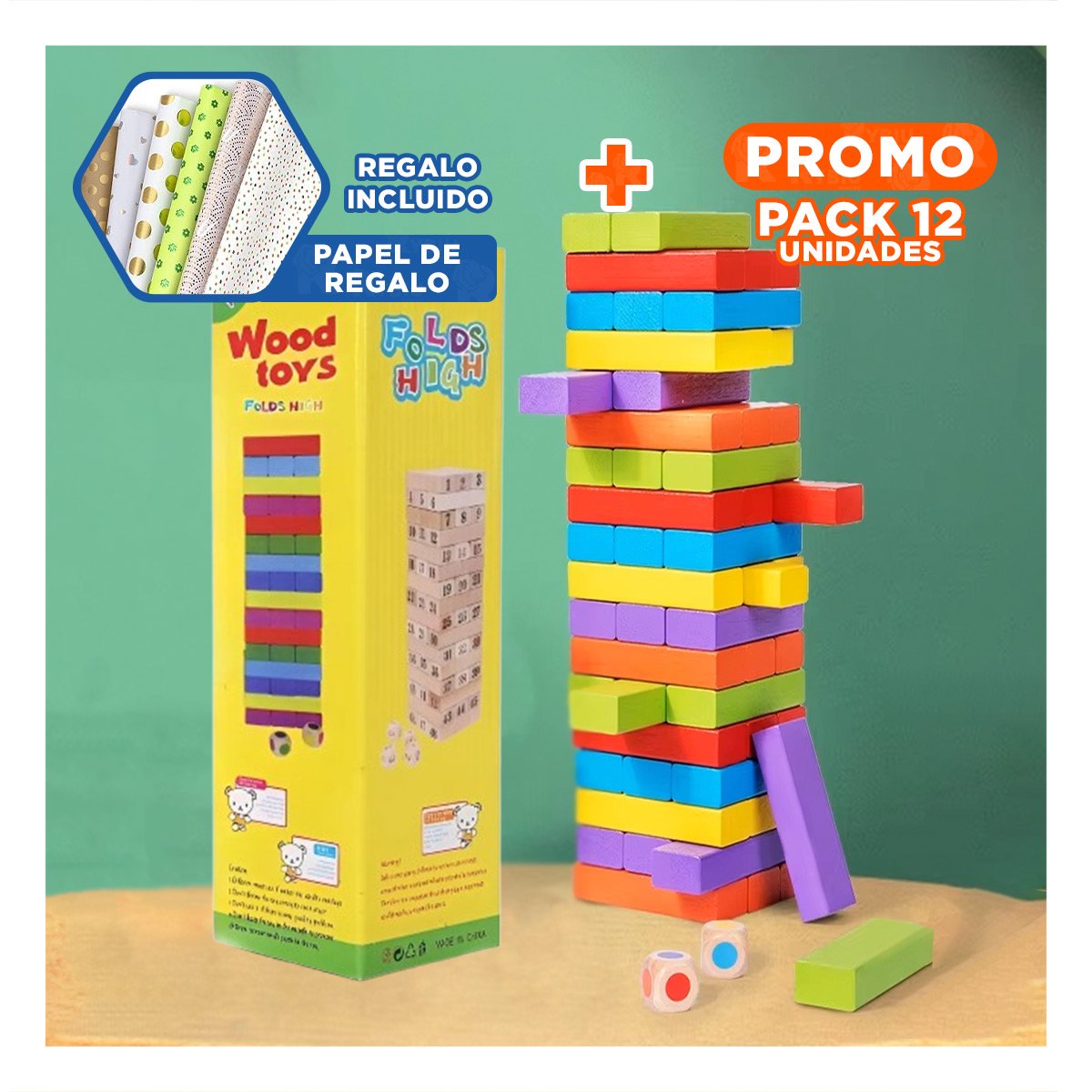PACK12 ESTABLE DE MADERA MULTICOLOR PARA JUEGO DE MESA CLASICO Y+PAPEL REGALO - 1
