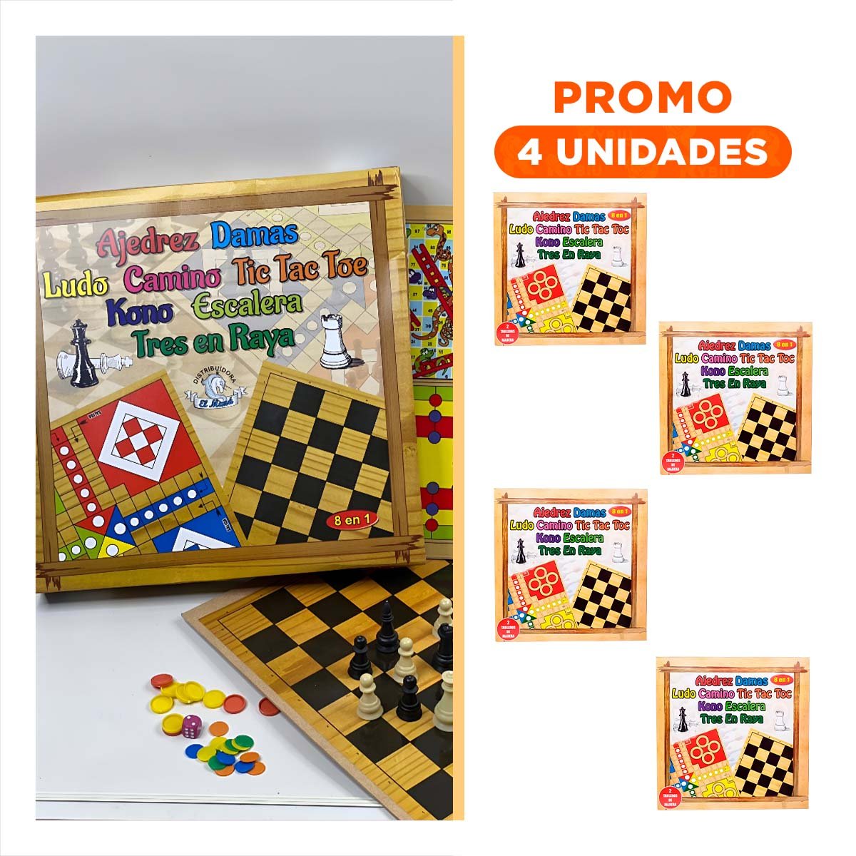 PACK4 KIT RECREATIVO 8 EN 1 AJEDREZ PARA MOMENTOS DE OCIO EN CASA Y+REGALO STICKER - 1