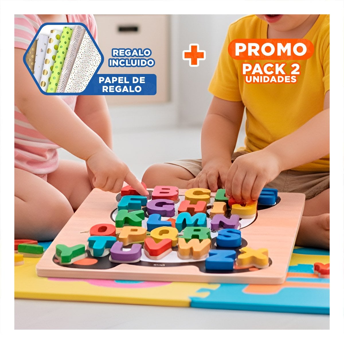 PACK2 LINEA EDUCATIVA ABECEDARIO LETRAS ENCAJABLES TIPO OSITO PARA CASA Y+PAPEL REGALO - 1