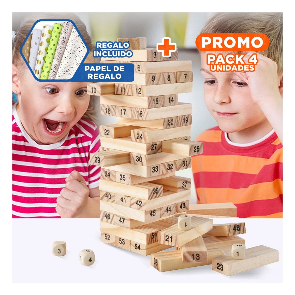 PACK4 EXPERIENCIA CLASICA DE BLOQUES DE MADERA CON NUMEROS PARA JUEGOS DE MESA Y+PAPEL REGALO - 1