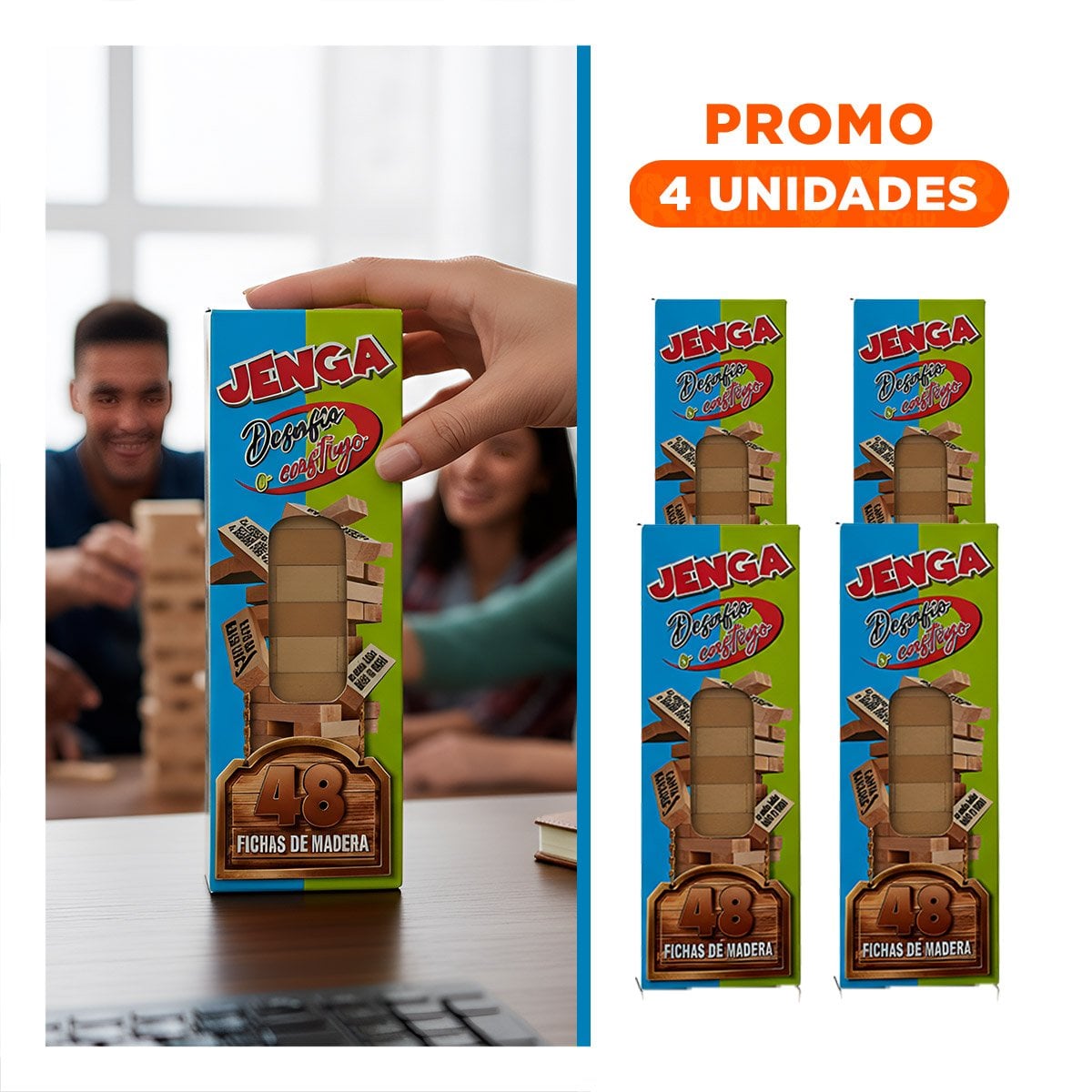 PACK4 JENGA DESAFIO O CASTIGO 48 PIEZAS MADERA JUEGO CON RETOS Y EMOCION Y+REGALO STICKER - 1