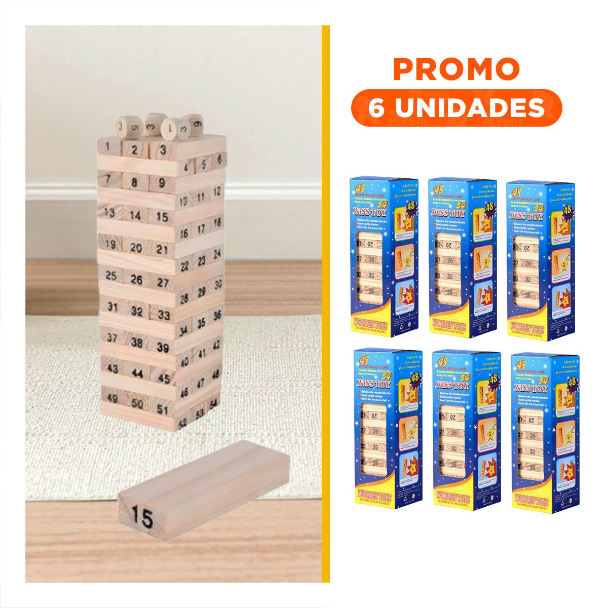 PACK6 FORMATO CLASICO DE BLOQUES DE MADERA CON NUMEROS PARA JUEGOS DE MESA - 1