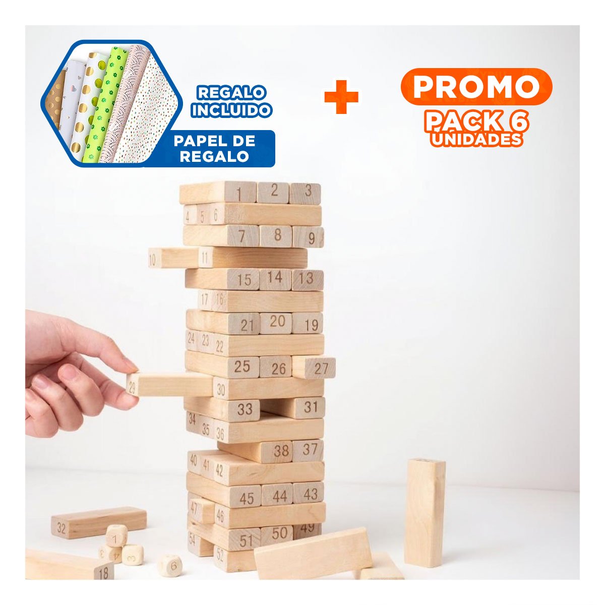 PACK6 PIEZAS DE ENTRETENIMIENTO DE MADERA 48 PZAS EN CAJA AMARILLA Y+PAPEL REGALO - 1