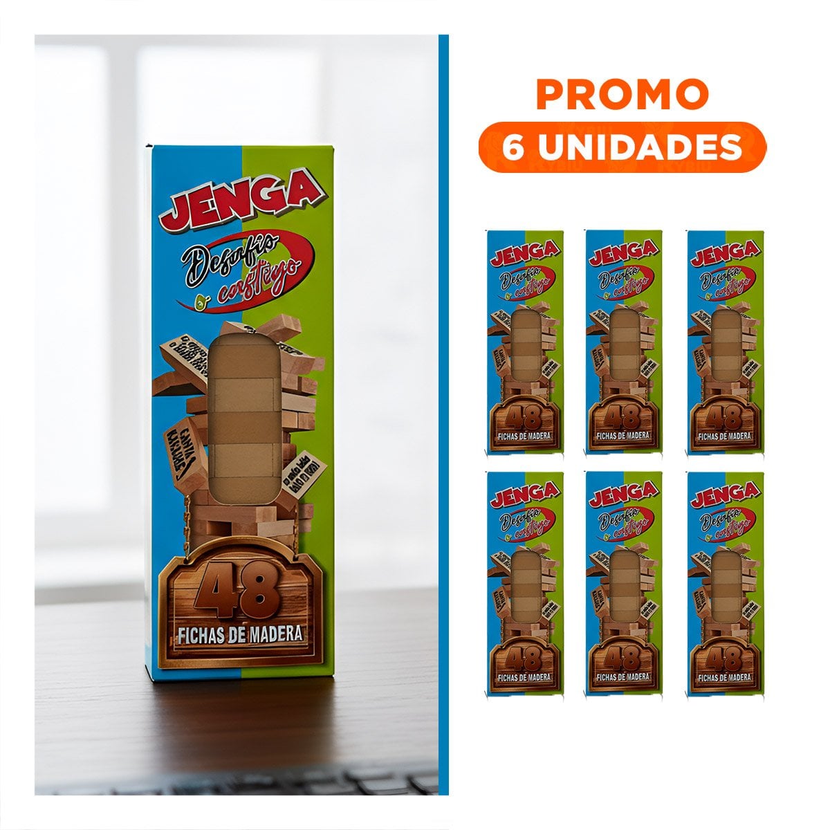 PACK6 JENGA DESAFIO O CASTIGO 48 PIEZAS MADERA JUEGO DIVERTIDO Y EMOCION - 1