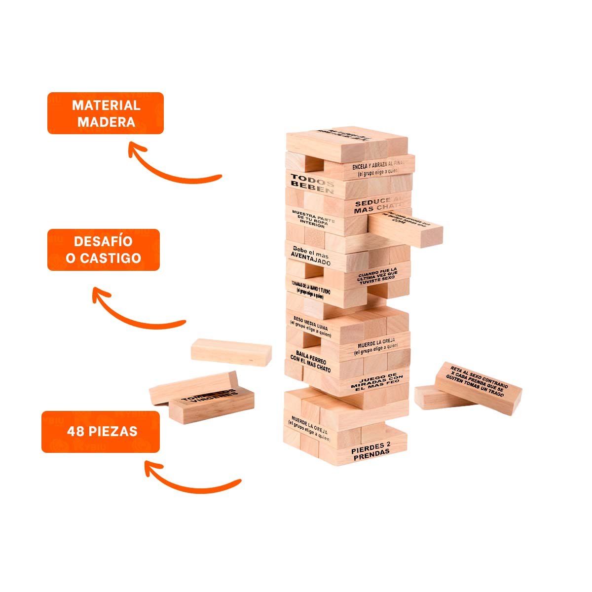 PACK2 SET DE BLOQUES DESAFIO O CASTIGO 48 PIEZAS MADERA JUEGO DIVERTIDO Y+PAPEL REGALO - 5