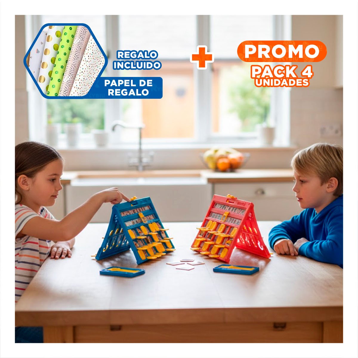 PACK4 PASATIEMPO DE MESA ADIVINA QUIEN PERSONAJES ROJO Y AZUL EN CASA Y+PAPEL REGALO - 1
