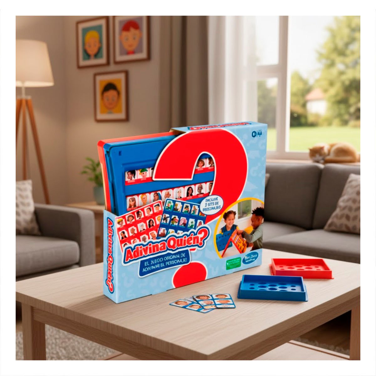PACK4 PASATIEMPO DE MESA ADIVINA QUIEN PERSONAJES ROJO Y AZUL EN CASA Y+PAPEL REGALO - 2