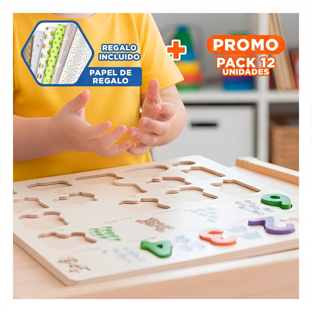 PACK12 DESARROLLO DIDACTICO DE MADERA CON PIEZAS ENCASJABLES PARA APRENDER Y+PAPEL REGALO - 1