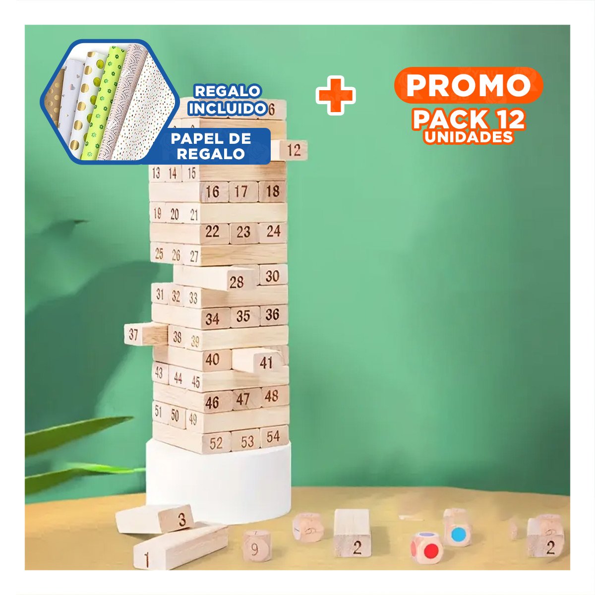 PACK12 DINAMICA TRADICIONAL DE BLOQUES DE MADERA CON NUMEROS PARA JUEGOS DE MESA Y+PAPEL REGALO - 1