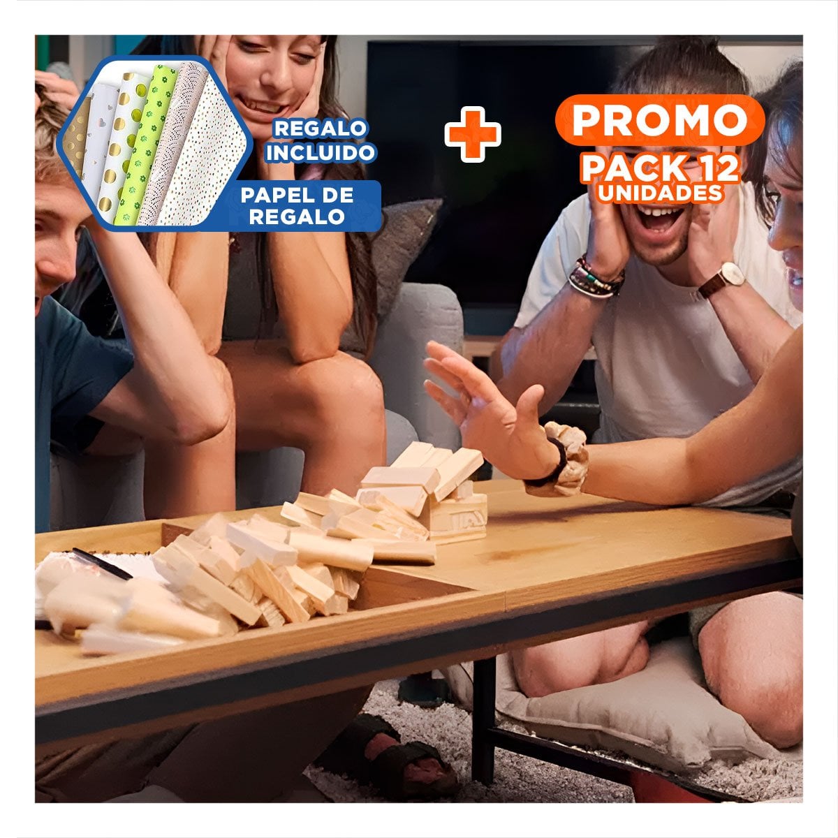 PACK12 TORRE DESAFIO O CASTIGO 48 PIEZAS MADERA JUEGO CON RETOS Y EMOCION Y+PAPEL REGALO - 1