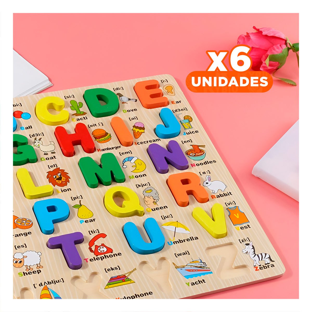 PACK6 ESTILO DIDACTICO DE ABECEDARIO EN MADERA CON LETRAS MAYUSCULAS Y+REGALO STICKER - 1