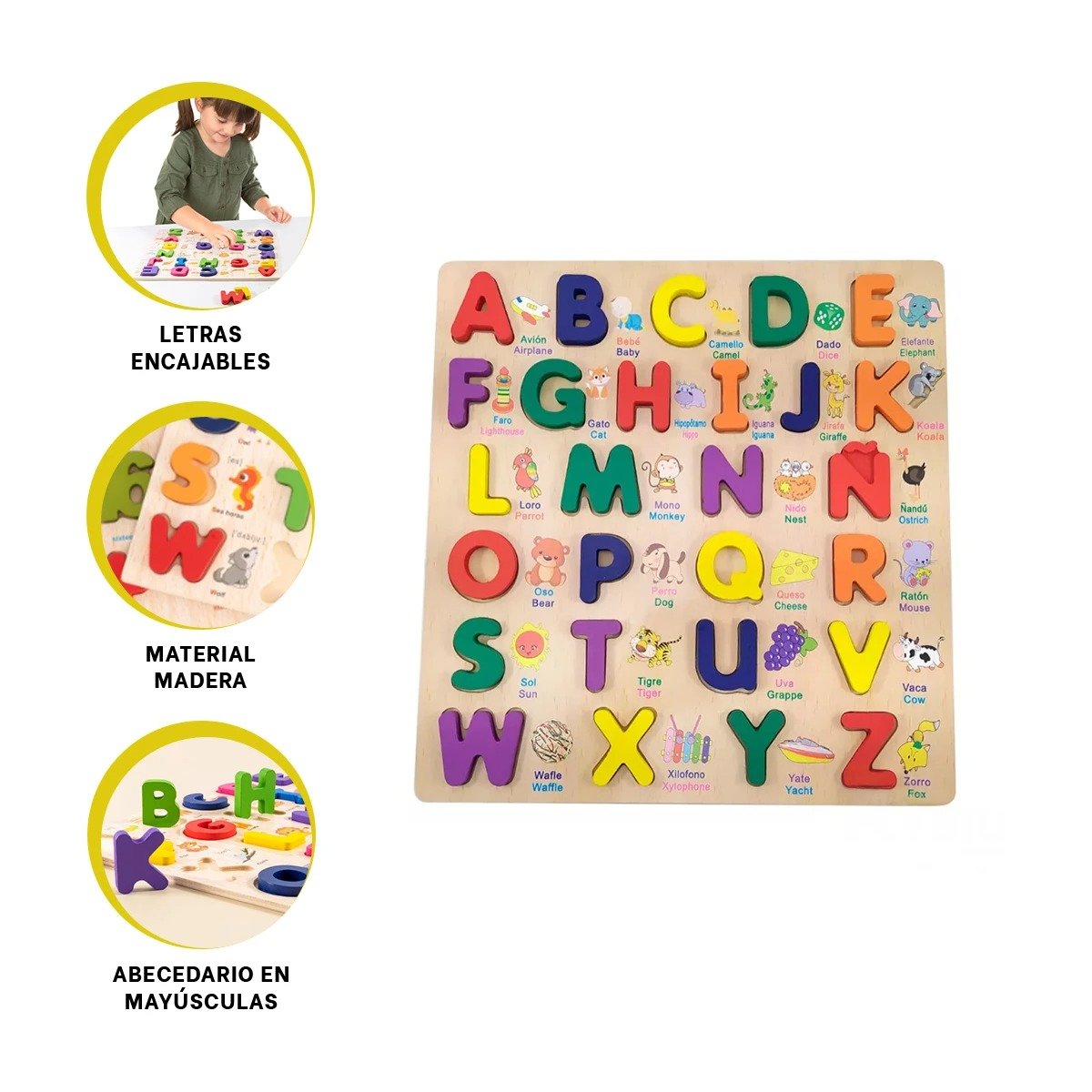 PACK6 ESTILO DIDACTICO DE ABECEDARIO EN MADERA CON LETRAS MAYUSCULAS Y+REGALO STICKER - 2