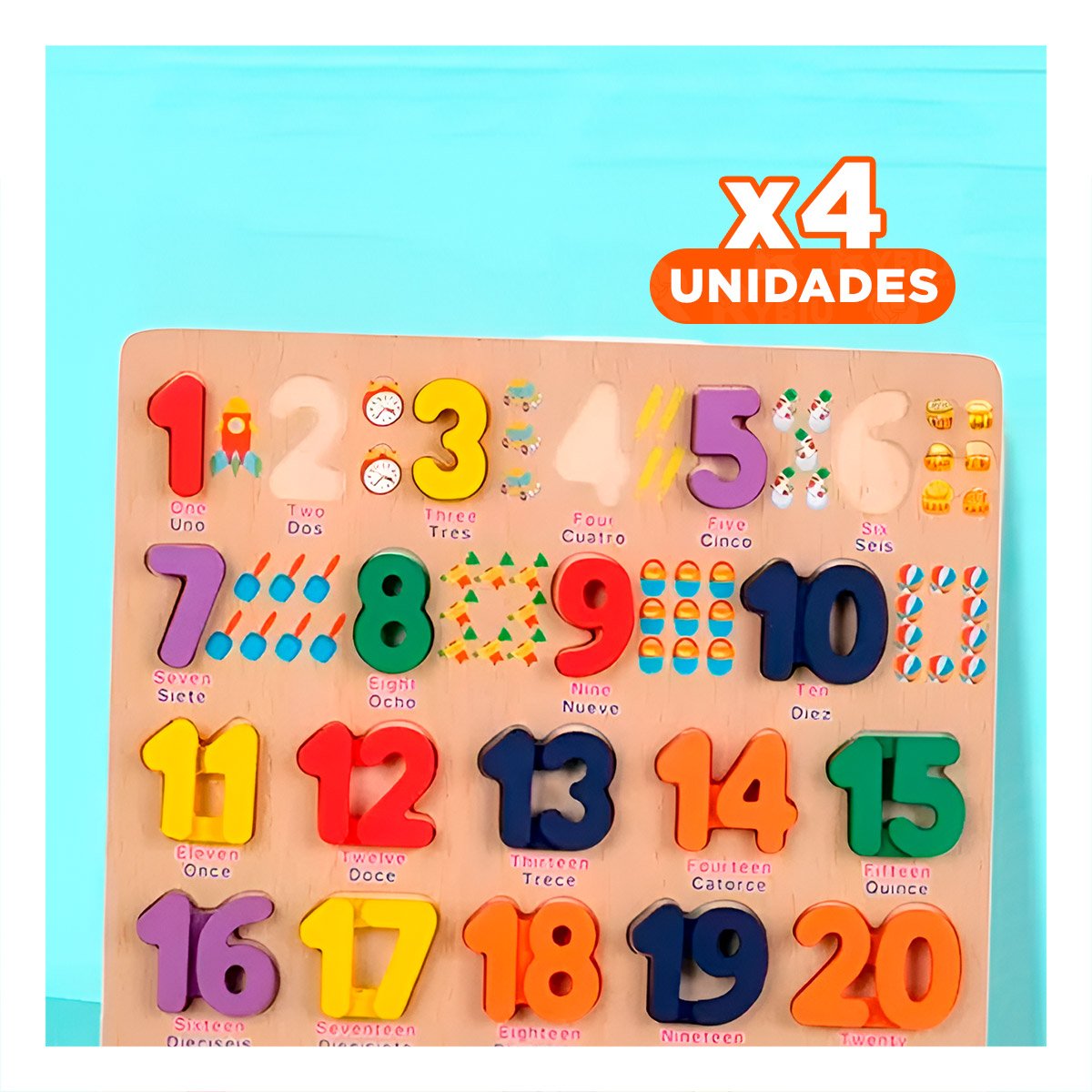 PACK4 COLECCION DIDACTICA DE MADERA CON PIEZAS NUMERICAS ENCAJABLES PARA CASA - 1