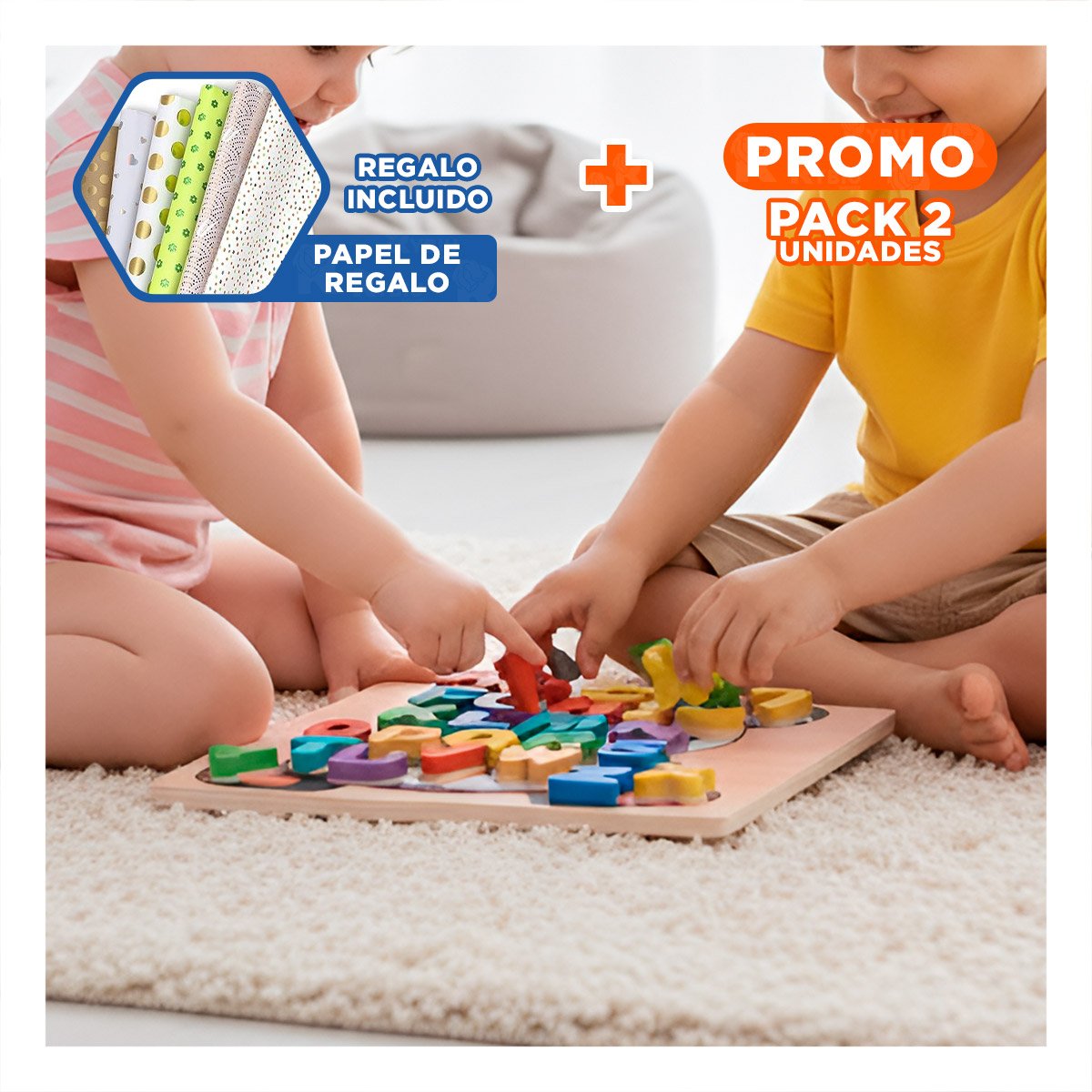 PACK4 SOLUCION EDUCATIVA ABECEDARIO LETRAS ENCAJABLES CON OSITO PARA CASA Y+PAPEL REGALO - 1