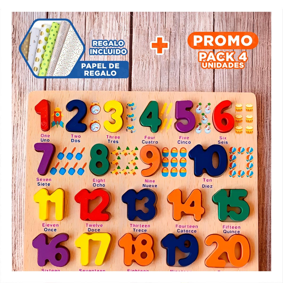 PACK4 LINEA DIDACTICA DE MADERA CON ENCAJABLES NUMERICOS PARA USO EDUCATIVO Y+PAPEL REGALO - 1