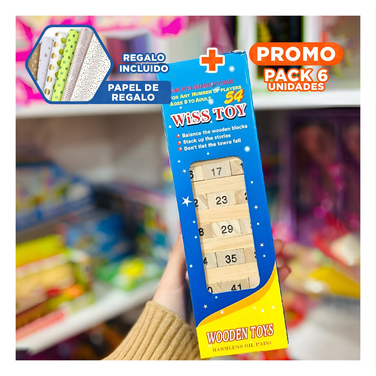 PACK6 VERSION TRADICIONAL DE PIEZAS DE MADERA CON NUMEROS PARA JUEGOS DE MESA Y+PAPEL REGALO - 1