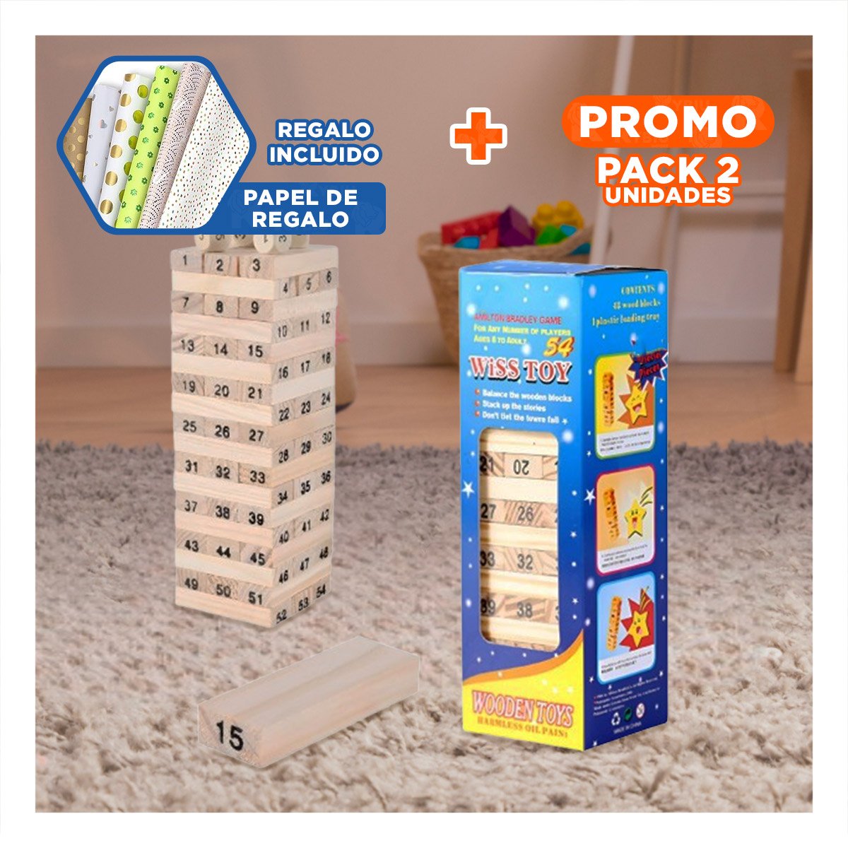 PACK2 OPCION LUDICA DE PIEZAS DE MADERA CON NUMEROS PARA JUEGOS DE MESA Y+PAPEL REGALO - 1