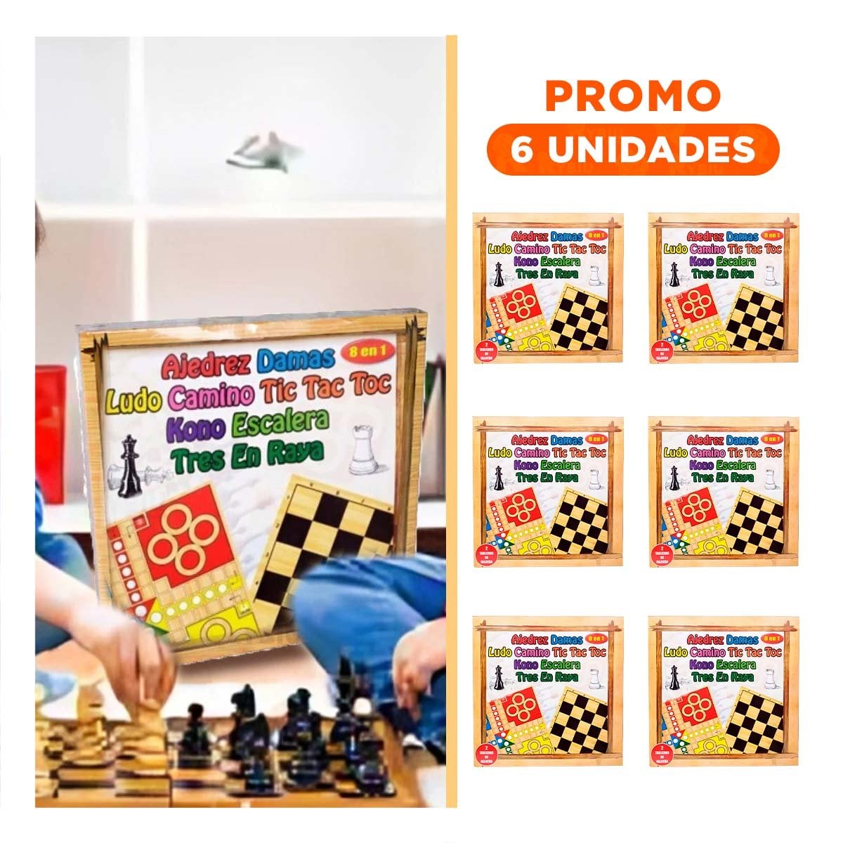 PACK6 COLECCION RECREATIVA 8 EN 1 AJEDREZ PARA DIVERSION COMPARTIDA - 1