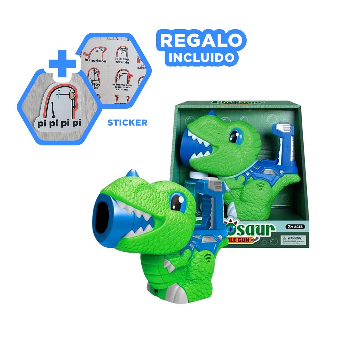 EMISOR DE BURBUJAS CON DISENO DINOSAURIO CHICO VERDE Y AZUL Y+REGALO STICKER - 1