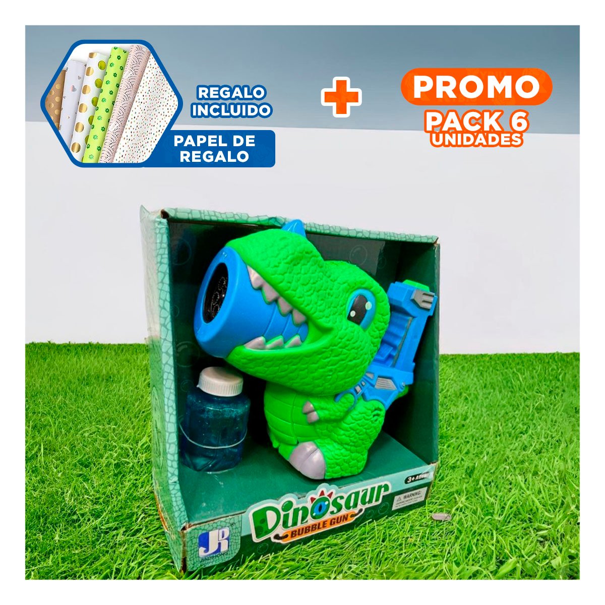 PACK6 PRODUCTO DE BURBUJAS CON DINOSAURIO CHICO PARA JUEGO INFANTIL Y+PAPEL REGALO - 1