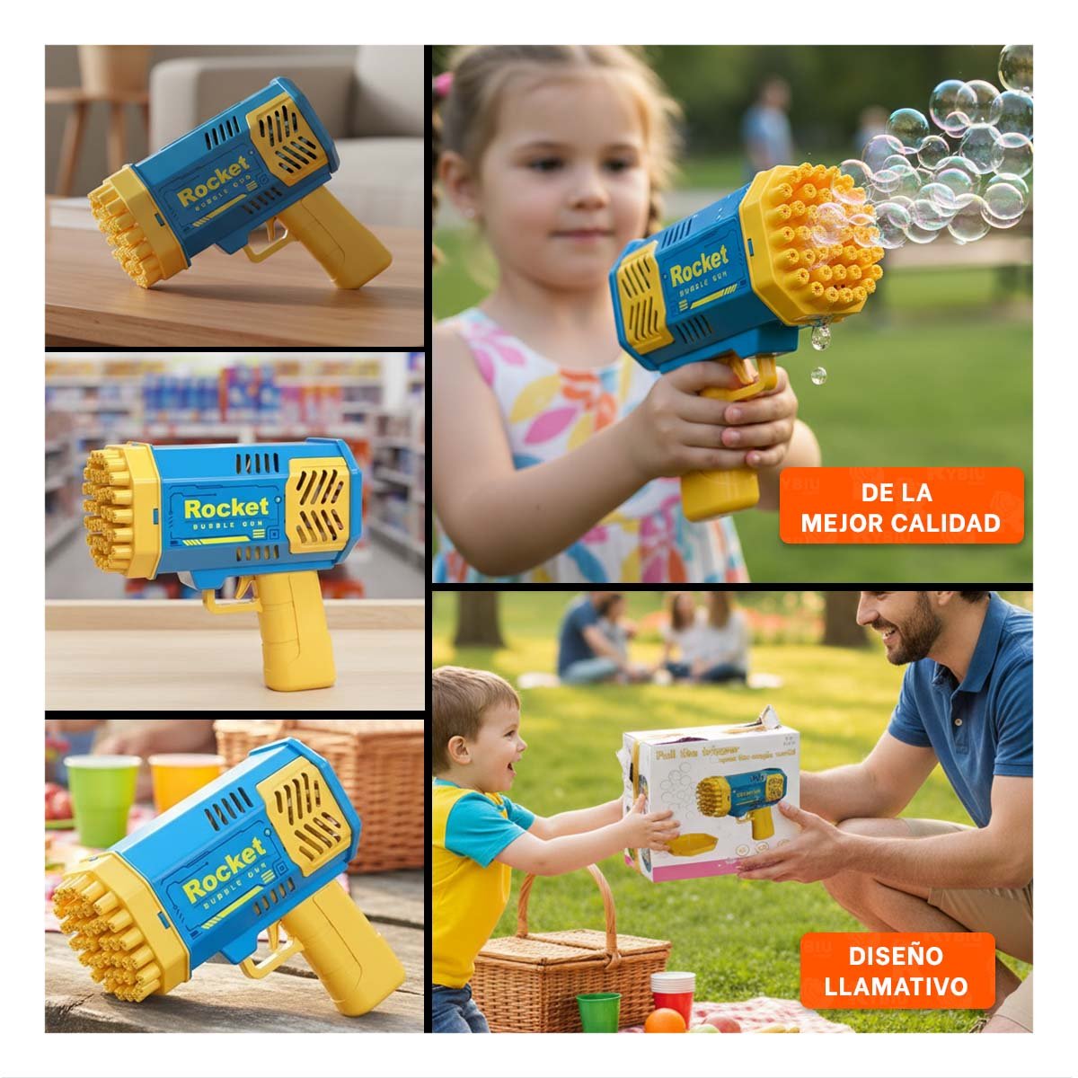 PROYECTOR DE BURBUJAS INFANTIL CON DISENO DE COHETE AZUL Y AMARILLO Y+LIGAS REGALO - 5