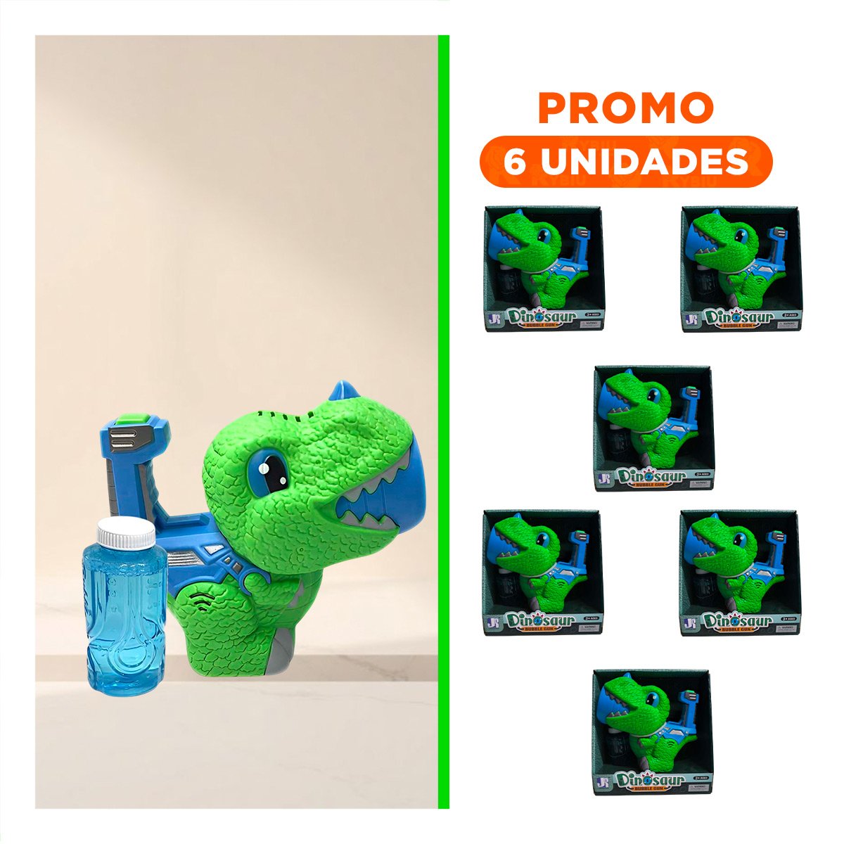 PACK6 APARATO DE BURBUJAS DINOSAURIO CHICO VERDE Y AZUL PARA JUEGO CREATIVO - 1