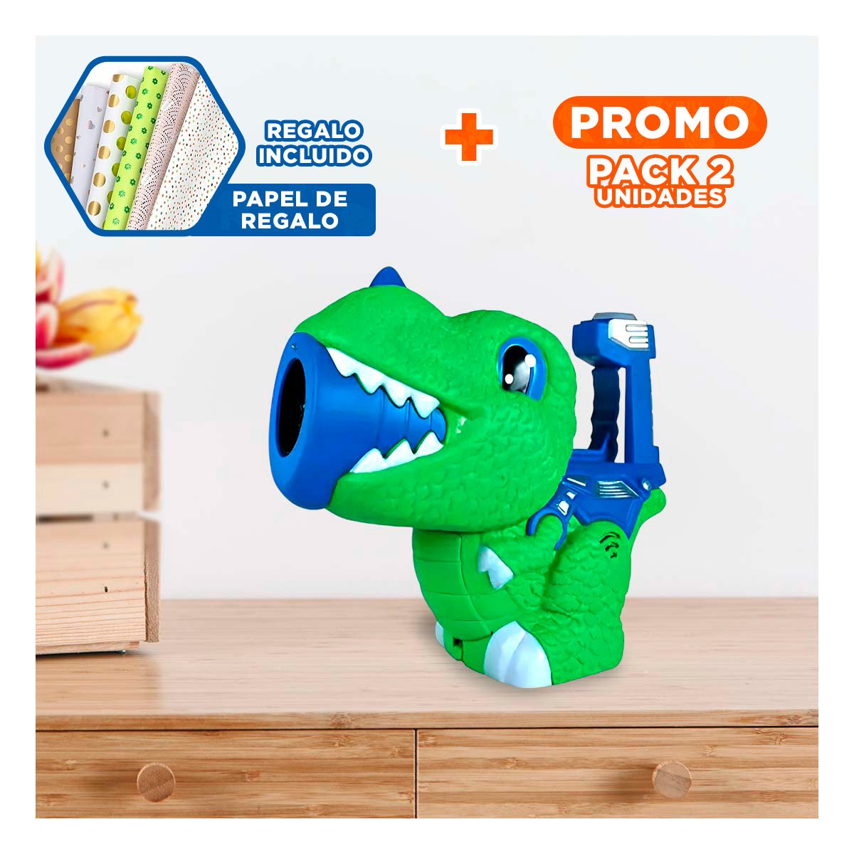 PACK2 PROYECTOR DE BURBUJAS DINOSAURIO CHICO VERDE Y AZUL PARA JUEGO DIARIO Y+PAPEL REGALO - 1