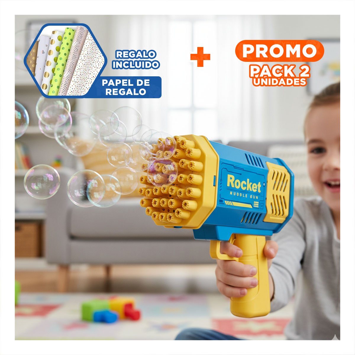 PACK2 PROYECTOR DE BURBUJAS DECORATIVO COHETE AZUL Y AMARILLO INFANTIL Y+PAPEL REGALO - 1