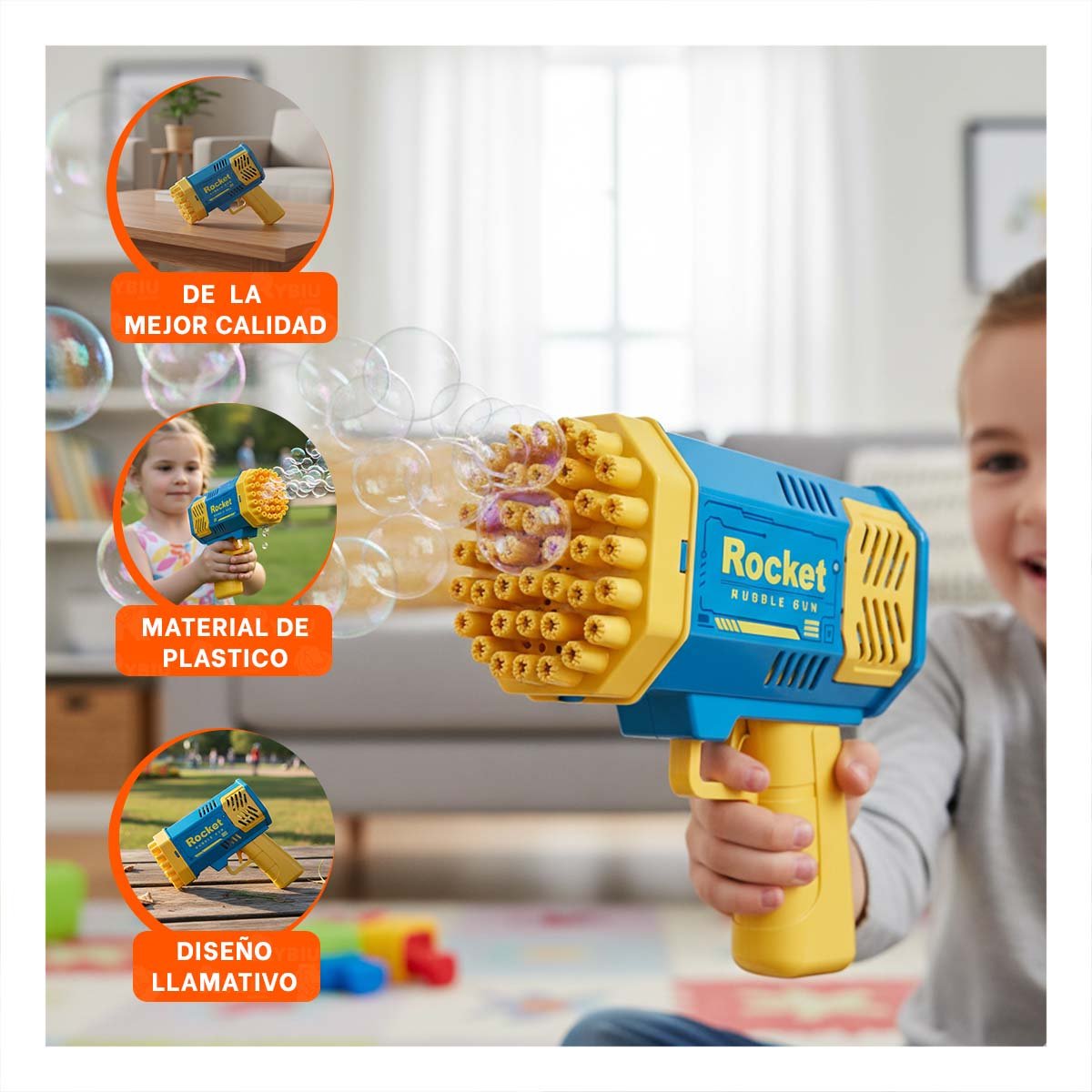 PACK2 PROYECTOR DE BURBUJAS DECORATIVO COHETE AZUL Y AMARILLO INFANTIL Y+PAPEL REGALO - 5