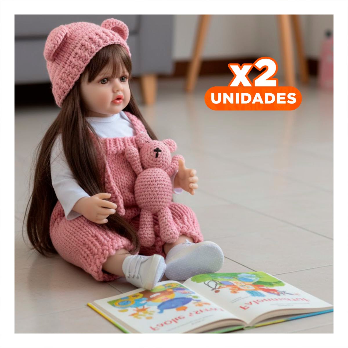 PACK2 MODELO MUÑECA INFANTIL CON ROPA TEJIDA Y GORRO EN 55CM ROSADO Y+REGALO STICKER - 1