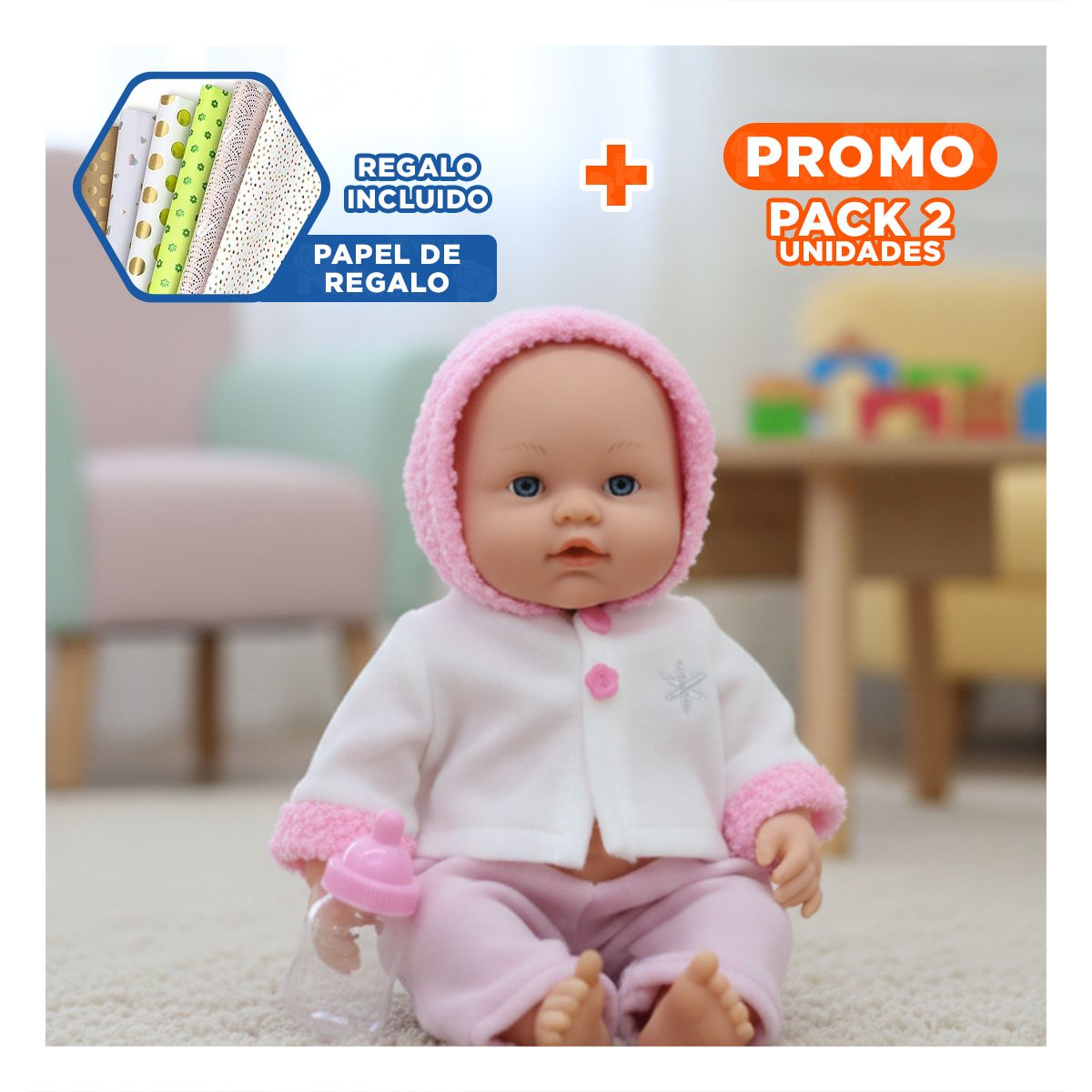 PACK2 PERSONAJE SUAVE ROSADO CON CHOMPA BOTONES FLORES PARA CASA Y+PAPEL REGALO - 1