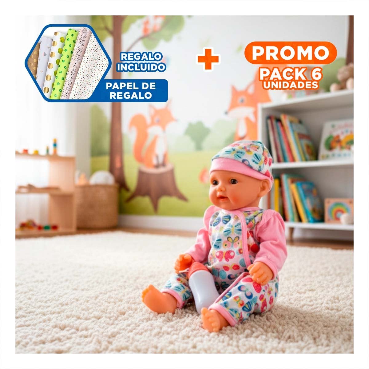 PACK6 PERSONAJE BEBES ENTERIZO CON MARIPOSAS Y ACCESORIOS ROSADO PARA DECORACION Y+PAPEL REGALO - 1