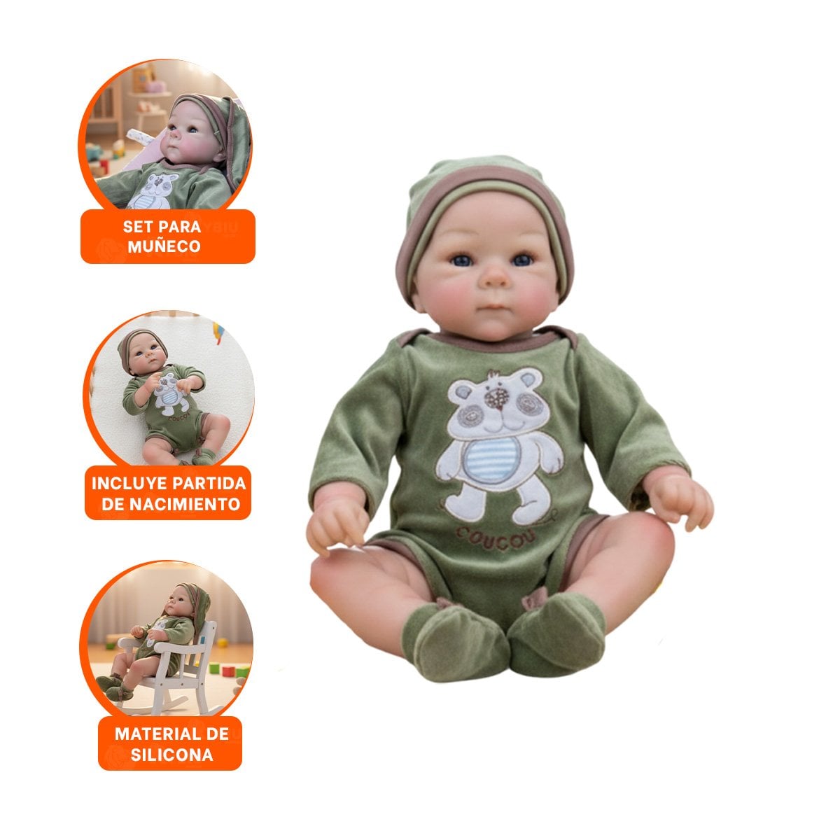 BEBOTE REAL BEBE CON BODY OSITO VERDE Y GORRO COMODO PARA ESTILO HOGAR - 3