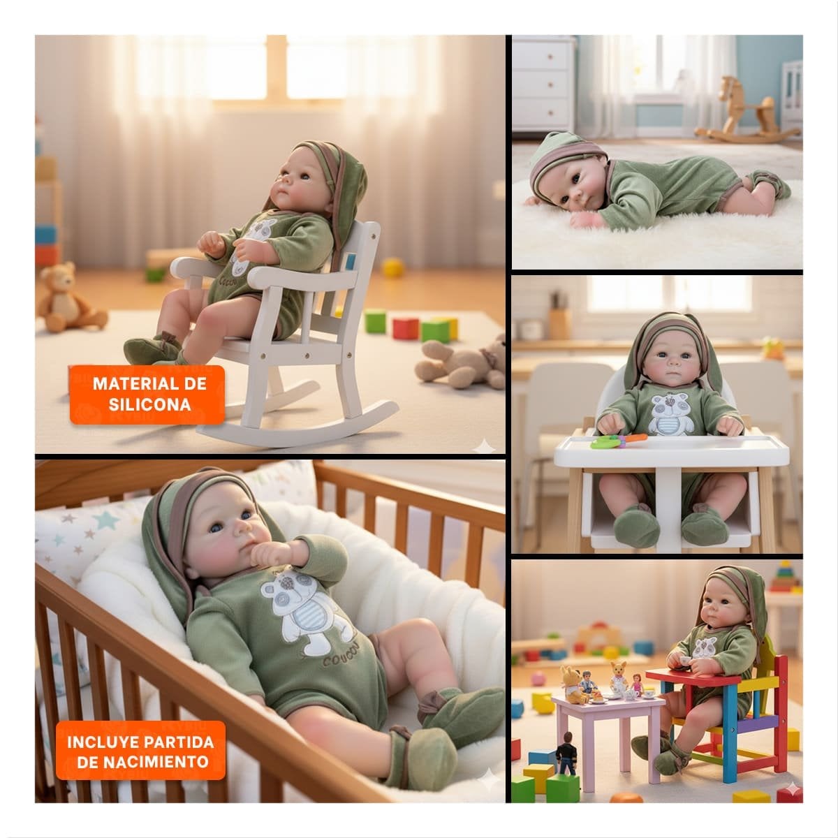 BEBOTE REAL BEBE CON BODY OSITO VERDE Y GORRO COMODO PARA ESTILO HOGAR - 5