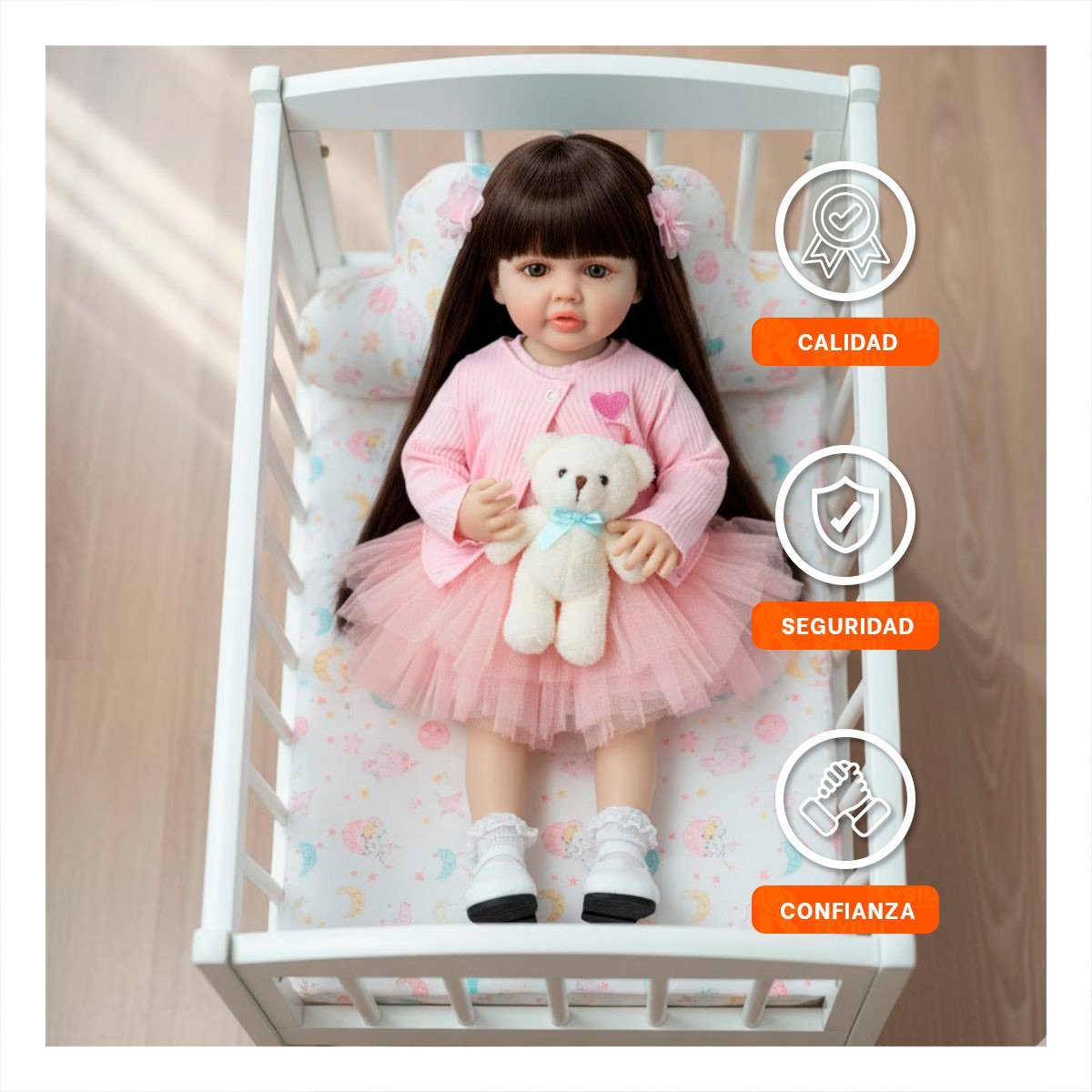 JUGUETE INTELIGENTE VESTIDO CON VESTIDO TULL Y CHOMPA TEJIDA CORAZON ROSADO 55CM Y+LIGAS REGALO - 2