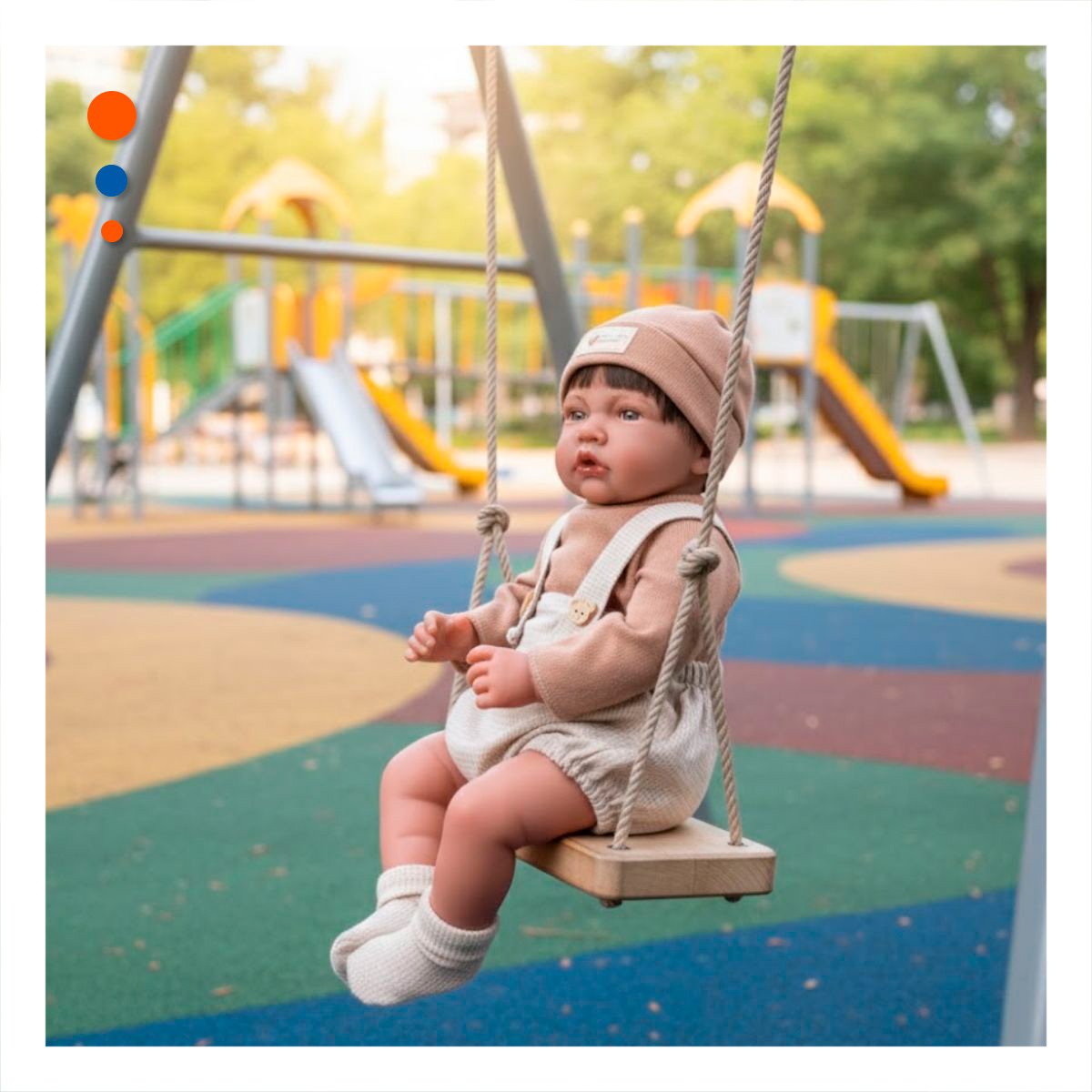 BEBE INFANTIL 42CM CON OVEROL SHORT POLO Y GORRO MARRON PARA JUEGO - 1